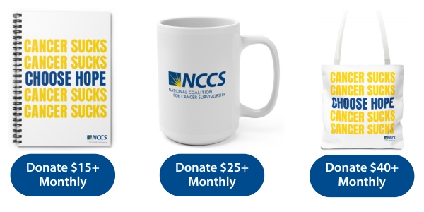 A picture of three free gifts: a "Choose Hope" Journal ($15 monthly), An NCCS Mug ($25 monthly), and a "Choose Hope" Tote bag ($40 monthly)