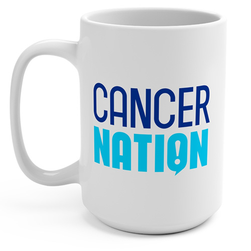 Picture of a white mug with the blue cancer nation logo imprinted on it.