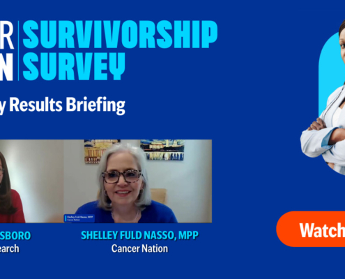 Image with blue background and text. Cancer Nation Survivorship Survey | 2025 Survey Results Briefing | Images of the speakers liana gainsboro and Shelley Fuld Nasso. to the right, a button reads Watch Now.