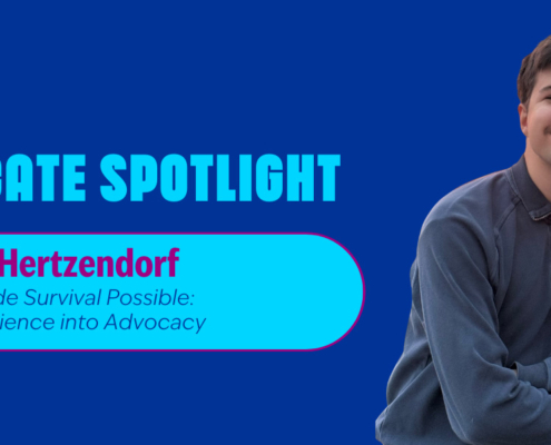 Blue graphic with cancer nation logo at top-left, below text reads Advocate Spotlight | Brandon Hertzendorf | Research Made Survival Possible: Turning Experience Into Advocacy. To the right, a cutout photo of Brandon.