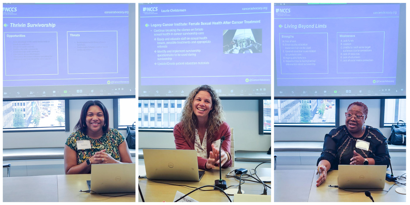 Three photos of Cancer Nation Ambassadors presenting their projects in front of a screen. They are sitting at a table with a laptop in front of them.