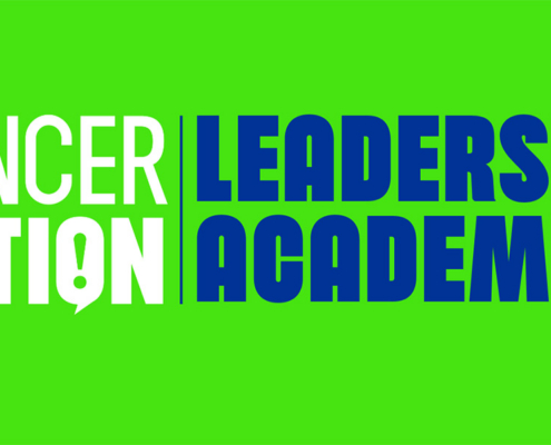 Bright lime green background with the words Cancer Nation Leadership Academy in White and blue text