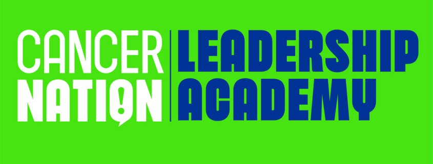 Bright lime green background with the words Cancer Nation Leadership Academy in White and blue text