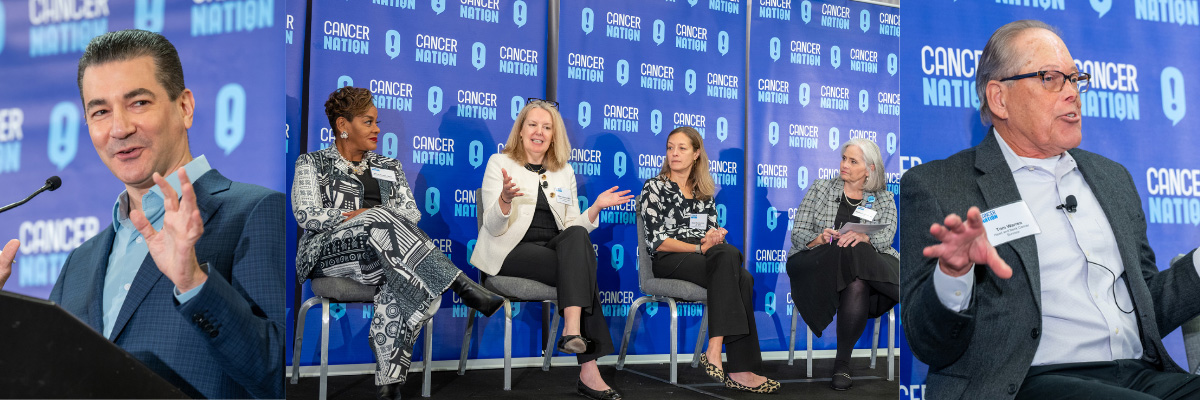 Three photos from Cancer Nation Policy Roundtable Fall 2025 - on the left, Former FDA Commissioner Scott Gottlieb, MD, In the center, a panel discussion about Federal workforce cuts, on the right, cancer survivor Tom Warren