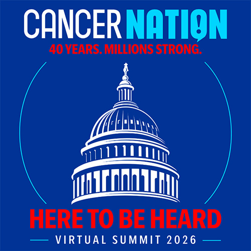 Graphic with an illustration of the US capitol in the center, text reading Cancer Nation, 40 Years. Millions Strong. Here to be Heard. Virtual Summit 2026