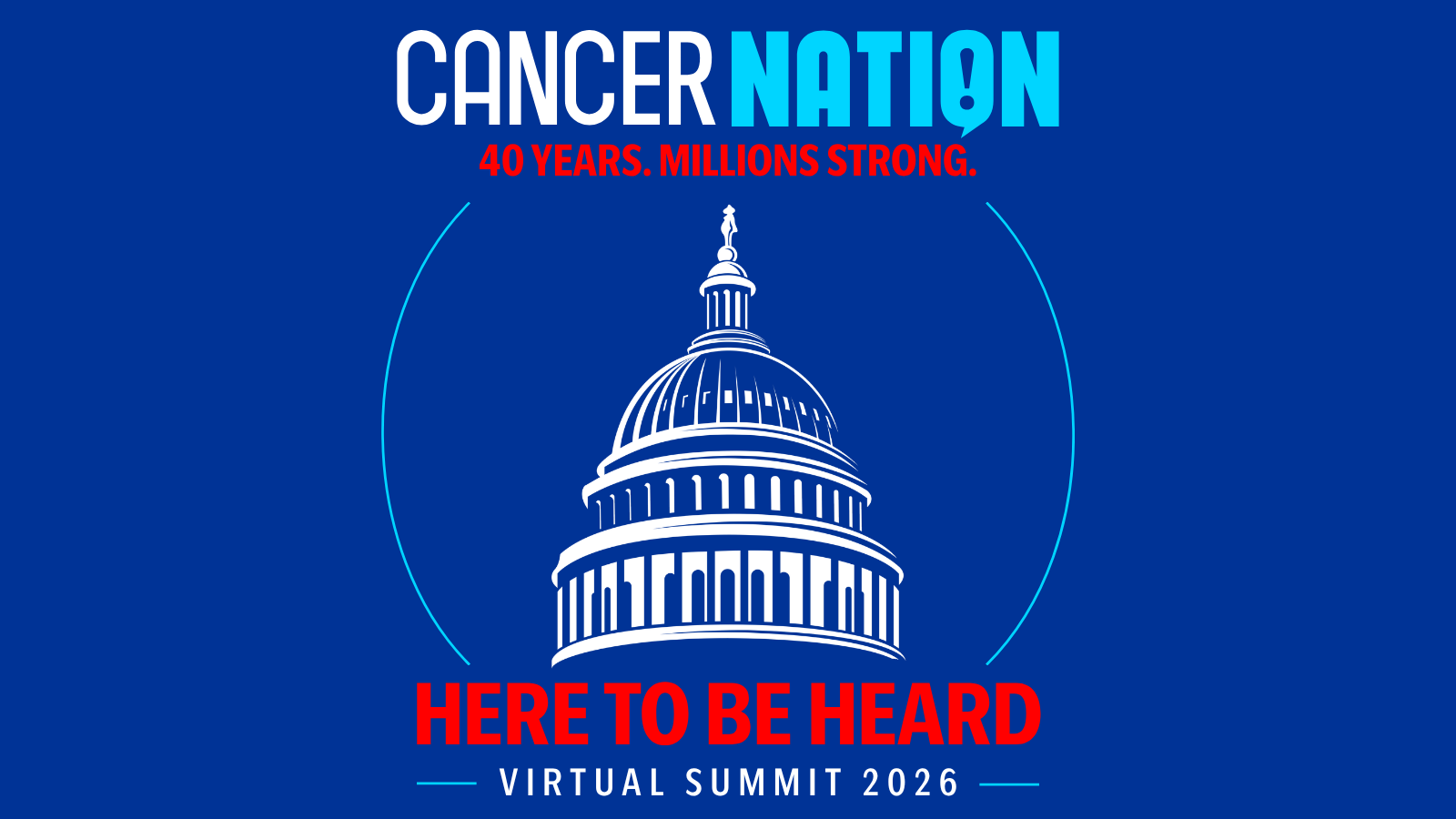 Graphic with an illustration of the US capitol in the center, text reading Cancer Nation, 40 Years. Millions Strong. Here to be Heard. Virtual Summit 2026