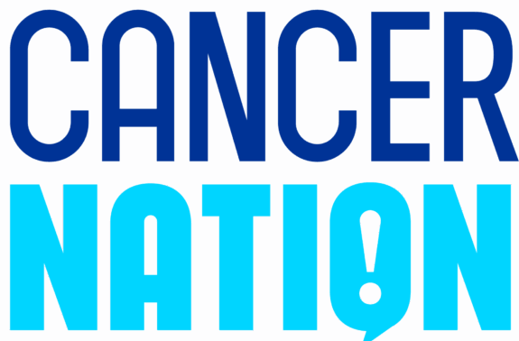 Cancer Nation Logo - Cancer is written in a thin, dark blue rounded type face, and "Nation" is light blue, bolder, with speech bubble in the shape of the letter O, that has an exclamation point in the center.