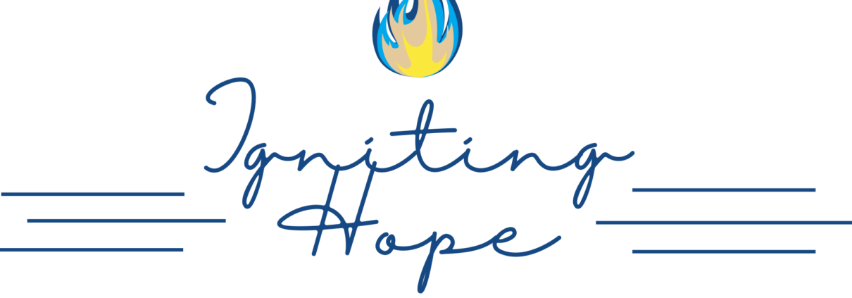 Igniting Hope logo with blue and yellow flame, text reads Igniting Hope, Celebrating Advocacy and Survivorship