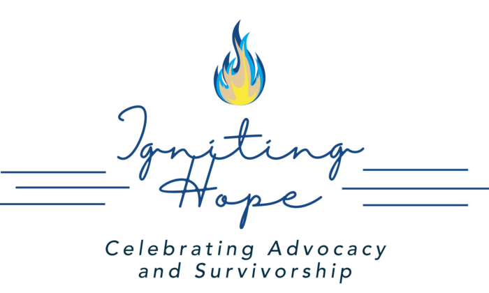 Igniting Hope logo with blue and yellow flame, text reads Igniting Hope, Celebrating Advocacy and Survivorship