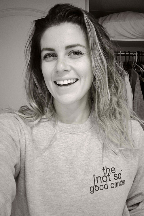 Mary Glen wears shirt reading "the not so good cancer"