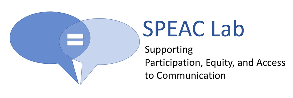 University of Washington SPEAC Lab logo - Supporting Participation, Equity, and Access to Communication. The logo is two blue speech bubbles with an equals sign in the middle.