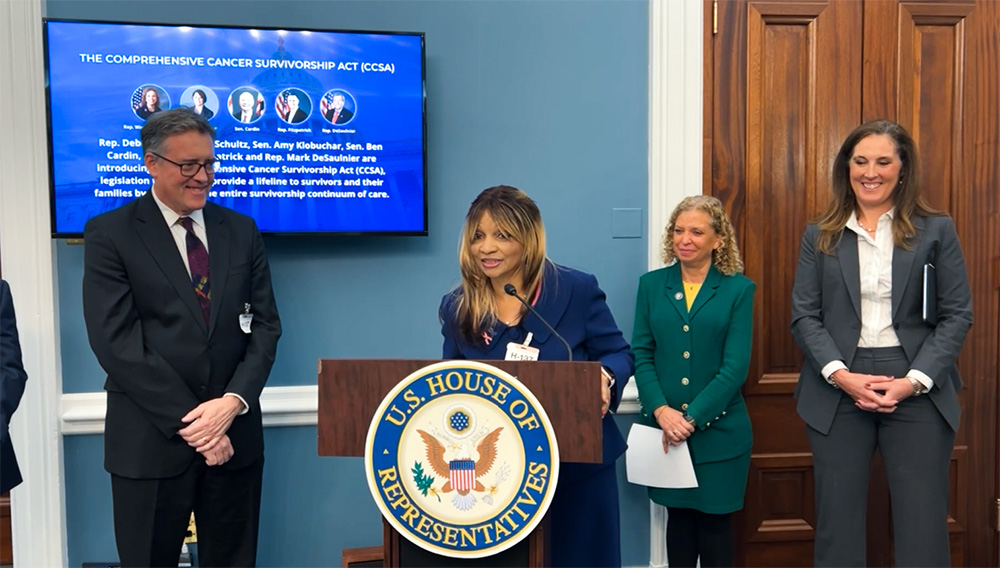 Sharon Rivera Sanchez spoke at the press conference marking the introduction of the Comprehensive Cancer Survivorship Act in December 2022.