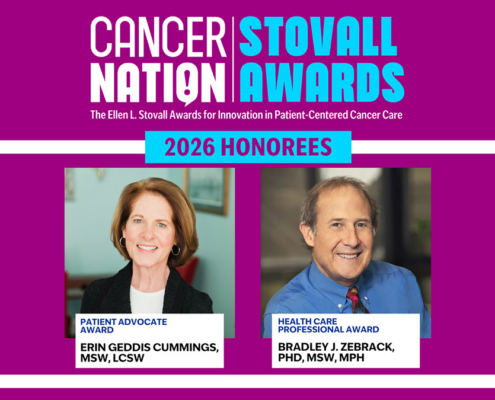 Image with Orchid background. Text reads: Cancer Nation Stovall Awards | 2026 Honorees | Patient Advocate Award - Erin Geddis Cummings, MSW, LCSW | Health Care Professional Award - Bradley J. Zebrack, PHD, MSW, MPH