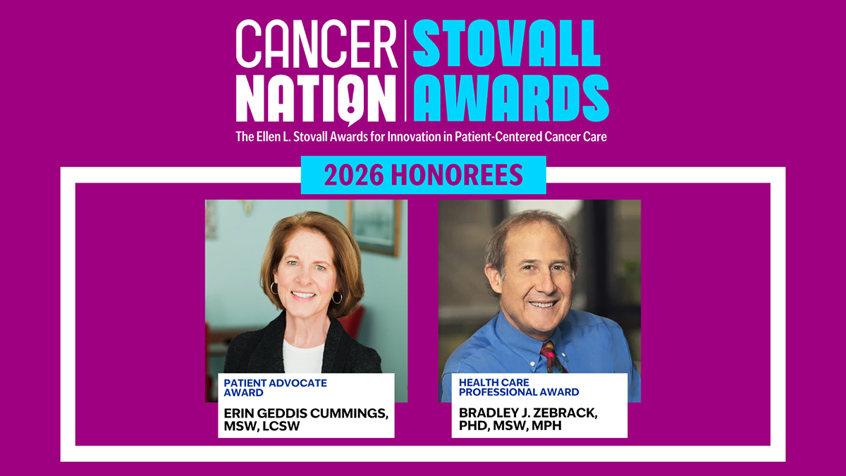 Image with Orchid background. Text reads: Cancer Nation Stovall Awards | 2026 Honorees | Patient Advocate Award - Erin Geddis Cummings, MSW, LCSW | Health Care Professional Award - Bradley J. Zebrack, PHD, MSW, MPH