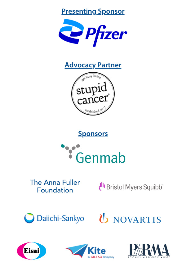 Image of Survivorship Survey 2024 Sponsor logos - Presenting Sponsor: Pfizer - Advocacy Partner: Stupid Cancer - Sponsors: Genmab | The Anna Fuller Foundation, Bristol Myers Squibb, Daiichi Sankyo, Novartis | Eisai, Kite A Gilead Company, PhRMA