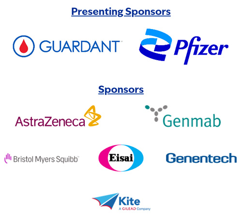 An image on a white background with a combination of text and logos, reading as follows | Presenting Sponsors: Guardant Health, Pfizer | Sponsors (these logos are smaller): Astra Zeneca, Genmab | Bristol Myers Squibb, Eisai, Genentech | Kite Pharma