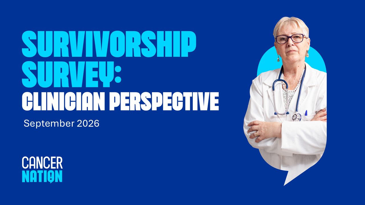 Image with dark blue background. Text reads Survivorship Survey: Clinician Perspective | September 2026. To the right, a cutout of a woman doctor wearing a stethoscope tucked inside the shape of Cancer Nations quote mark bubble.