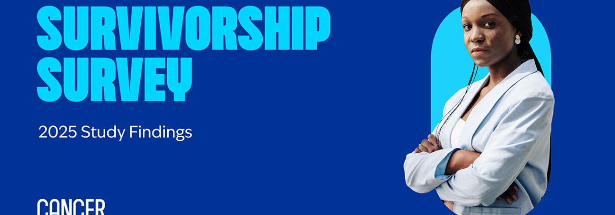 2025 Survey Findings cover slide. Dark blue background graphic. Light blue headline says Survivorship Survey. In smaller text below, 2025 Study Findings. To the right, the shape of a quote bubble. in the foreground of the shape is a woman with her arms folded.