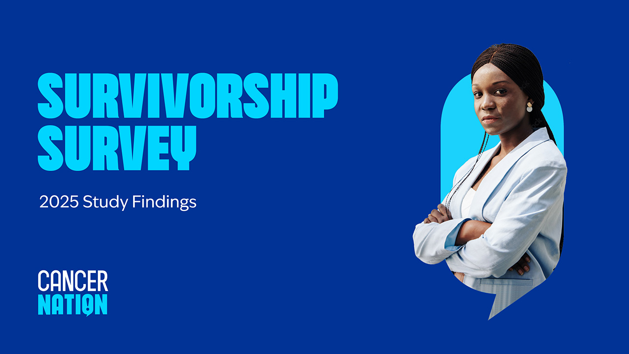 2025 Survey Findings cover slide. Dark blue background graphic. Light blue headline says Survivorship Survey. In smaller text below, 2025 Study Findings. To the right, the shape of a quote bubble. in the foreground of the shape is a woman with her arms folded.
