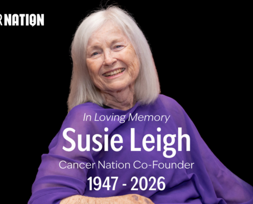 a picture of susie leigh similing wearing a purple top. Words over the photo read In loving memory, Susie Leigh, Cancer Nation Co-founder, 1947-2026