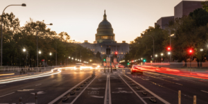 Commuters are already moving about before dawn on the streets of Washington DC United States Capital City