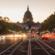 Commuters are already moving about before dawn on the streets of Washington DC United States Capital City