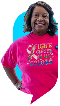 a woman wearing a pink shirt that says Fight Cancer in All Colors